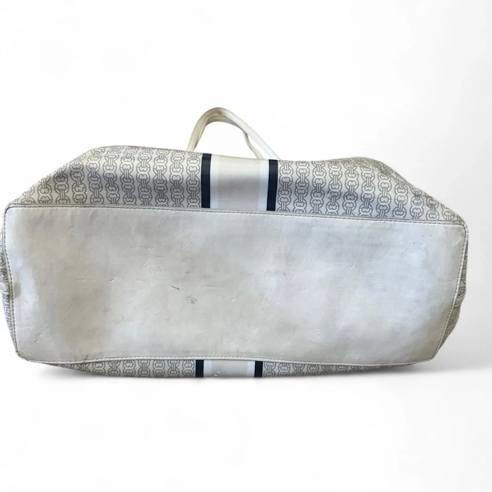 Tory Burch Gemini Link Coated Canvas Tote – White/Ivory & Gray Stripe